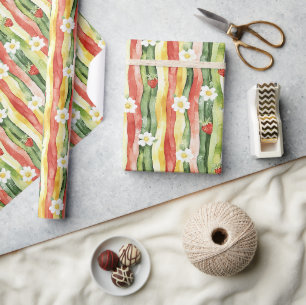 Papier Cadeau Fraisier Marguerites Rouge Vert Jaune Anniversaire