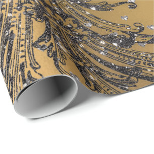 Papier Cadeau French Black Lace Royal Floral Hearts Damask Gold
