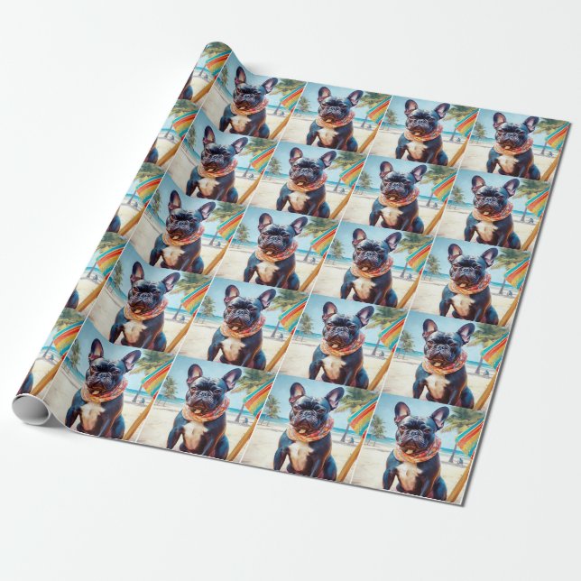 Papier Cadeau French Bulldog sur la plage, cadeau d'été pour amo (Déroulé)