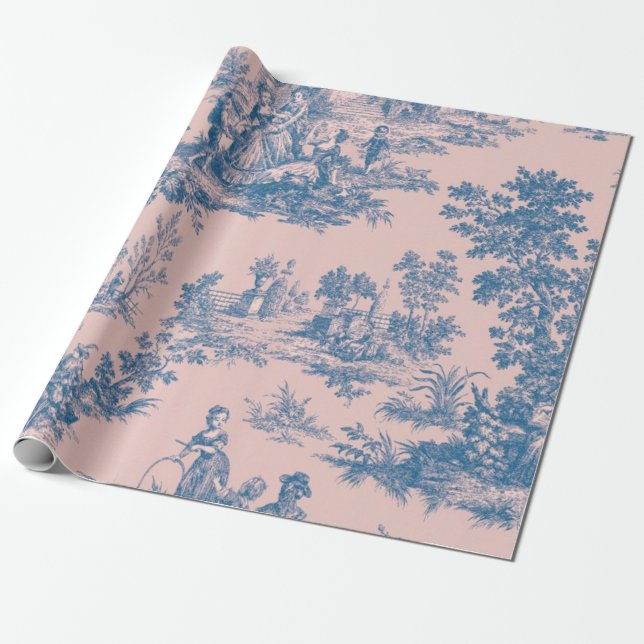 Papier Cadeau French toile de jouy Découpage bleu et rose (Déroulé)