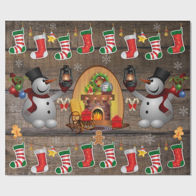 Papier Cadeau Frosty Le Snowman Noël cheminée Bas (Plat)