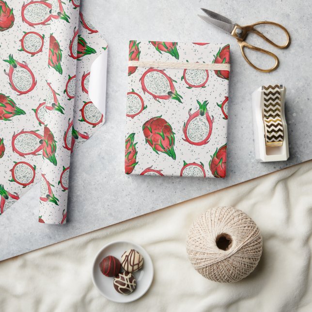 Papier Cadeau Fruit de dragon rouge sur blanc (Artisanat)