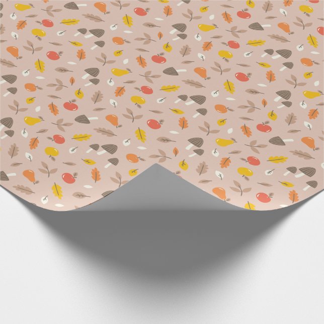 Papier Cadeau Fruits de automne mignons, champignons et feuille  (Coin)