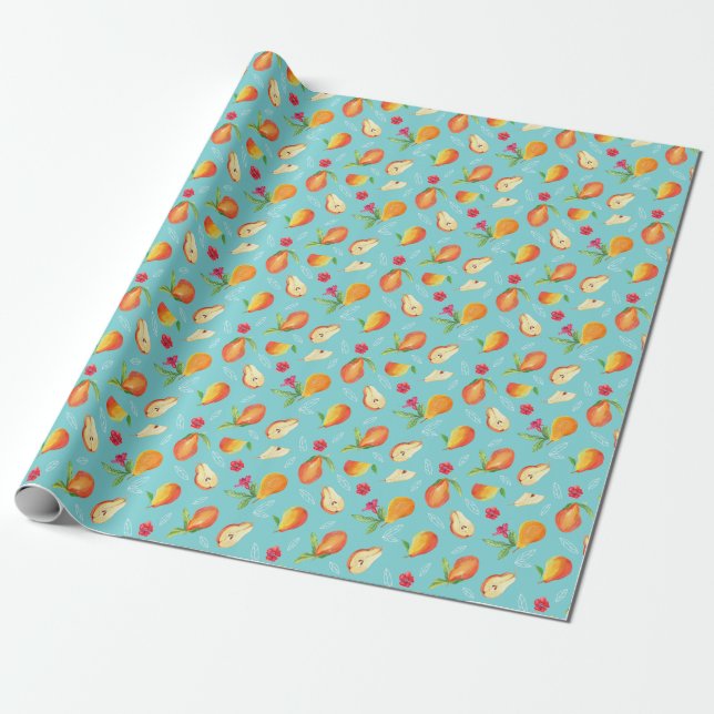 Papier Cadeau Fruits de jardin : Aquarelle bleu. (Déroulé)