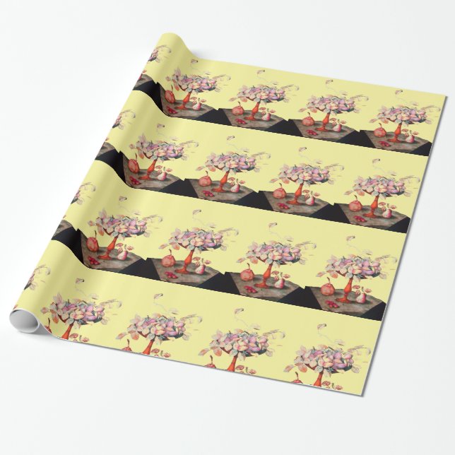 Papier Cadeau FRUITS DE SAISON / JASMINES ET PRUNES Jaune (Déroulé)