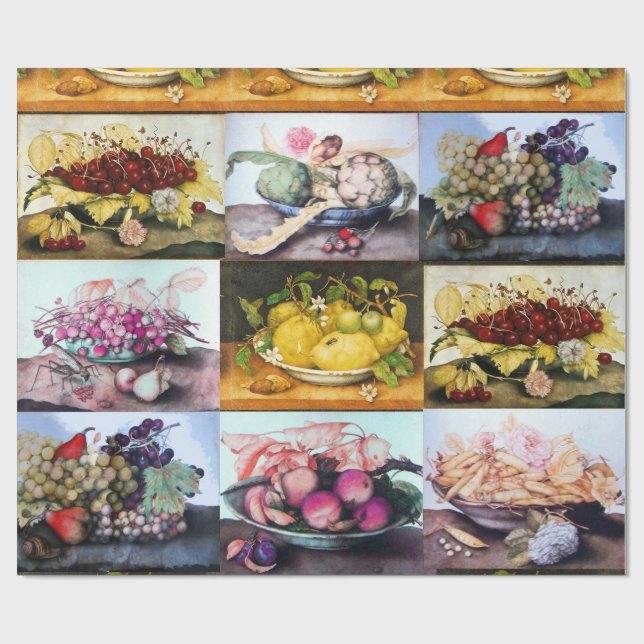 PAPIER CADEAU FRUITS DE SAISON, LÉMONS, CHERRIES, RAISONS, PÉCHE (Plat)