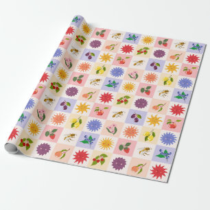Papier Cadeau Fruits d'été gais et Motif de grille des abeilles 