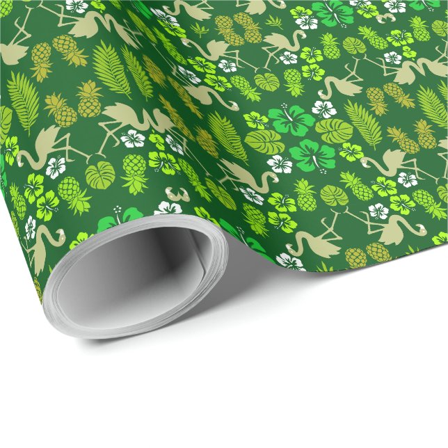 Papier Cadeau Fruits tropicaux floraux verts (Coin rond)
