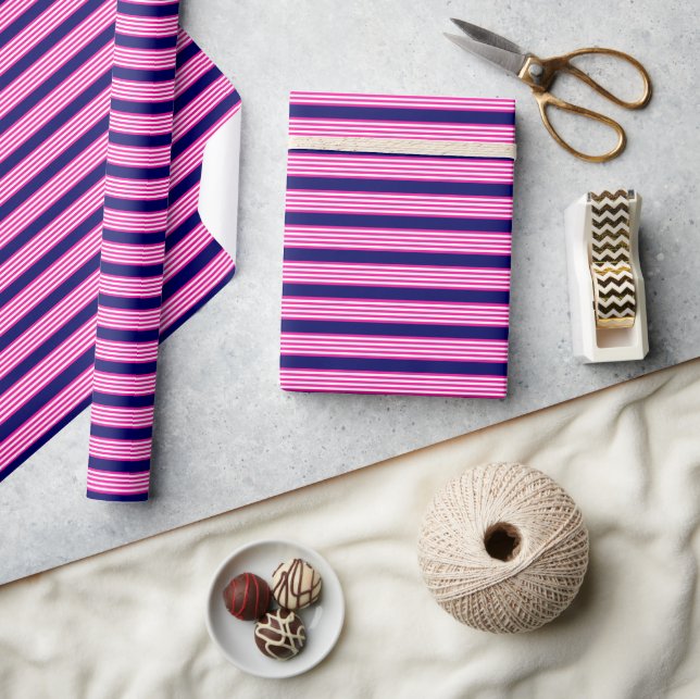 Papier Cadeau Fuchsia et blanc cinq bandes motif avec bleu (Artisanat)