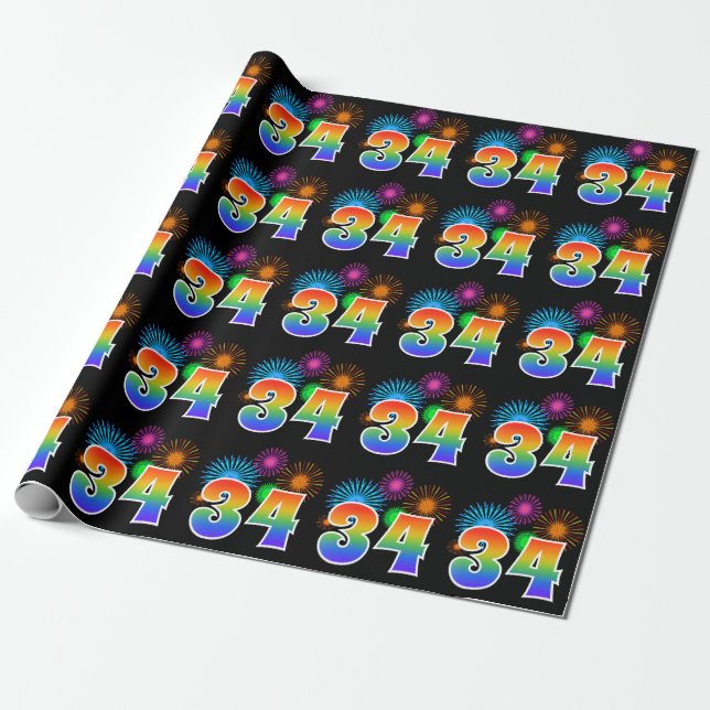 Papier Cadeau Fun Fireworks + Rainbow Motif "34" Numéro de l'évé (Déroulé)