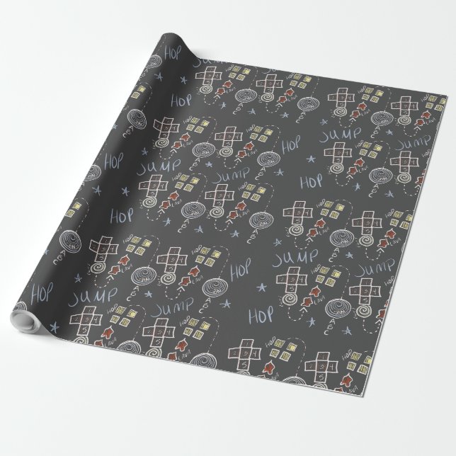 Papier Cadeau Fun Hopscotch Éducatif Enfants Chalk Motif Gris (Déroulé)