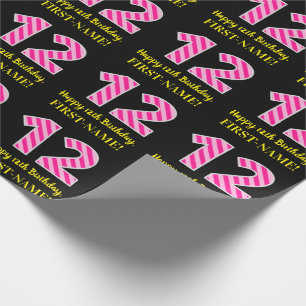 Papier Cadeau Fun Pink Stripes "12"; Joyeux 12e anniversaire; No