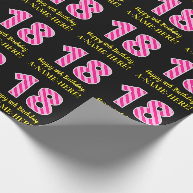 Papier Cadeau Fun Pink Stripes "18"; Joyeux 18e anniversaire; No (Coin)