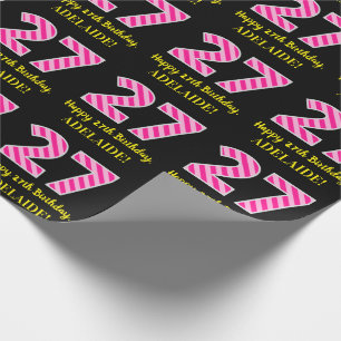 Papier Cadeau Fun Pink Stripes "27"; Joyeux 27ème anniversaire; 