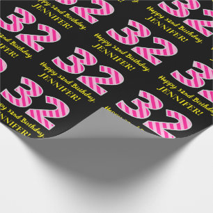 Papier Cadeau Fun Pink Stripes "32"; Joyeux 32e anniversaire; No