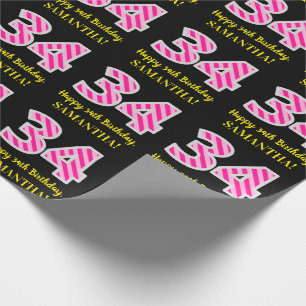 Papier Cadeau Fun Pink Stripes "34"; Joyeux 34e anniversaire; No