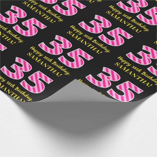 Papier Cadeau Fun Pink Stripes "35"; Joyeux 35e anniversaire; No (Coin)