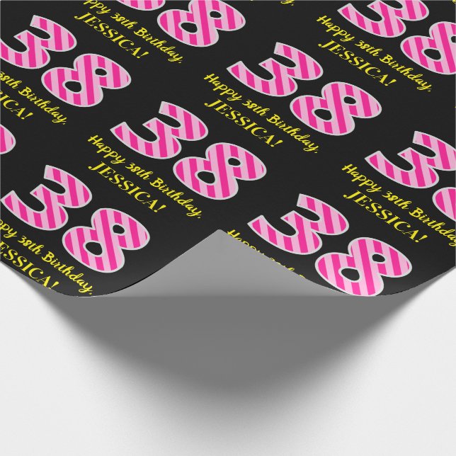 Papier Cadeau Fun Pink Stripes "38"; Joyeux 38ème anniversaire;  (Coin)