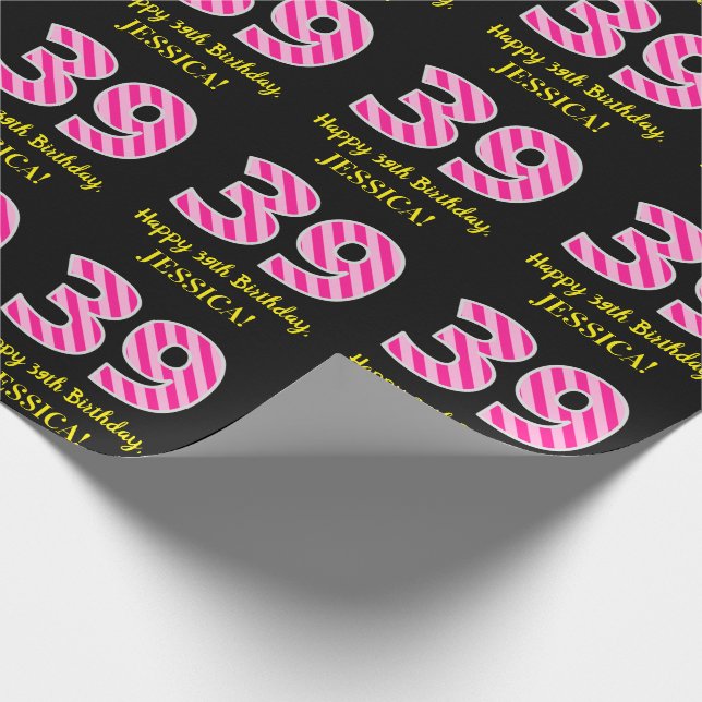 Papier Cadeau Fun Pink Stripes "39"; Joyeux 39e anniversaire; No (Coin)