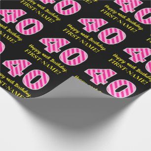 Papier Cadeau Fun Pink Stripes "40"; Joyeux 40e anniversaire; No