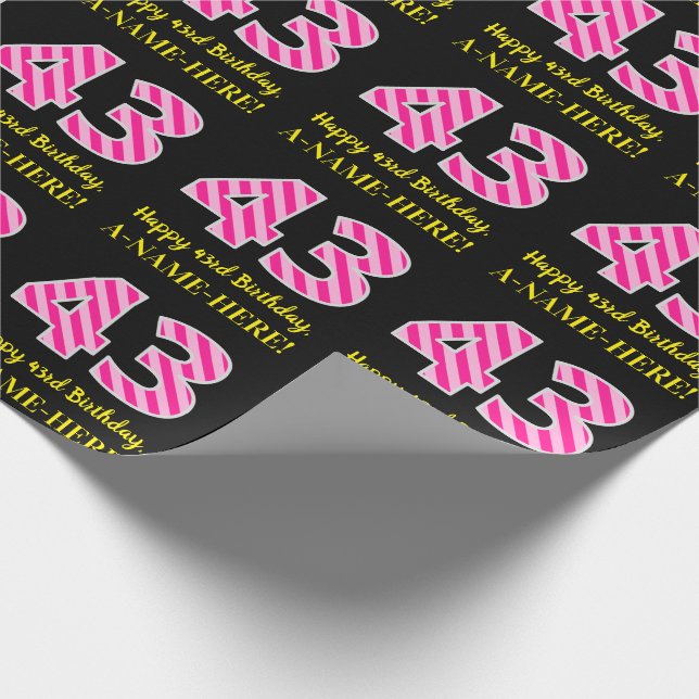 Papier Cadeau Fun Pink Stripes "43"; Joyeux 43ème anniversaire;  (Coin)