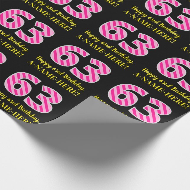 Papier Cadeau Fun Pink Stripes "63"; Joyeux 63ème anniversaire;  (Coin)