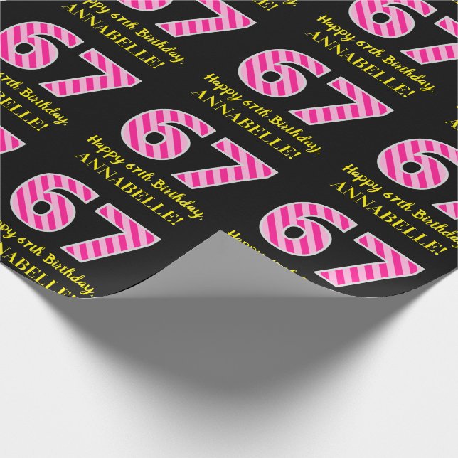 Papier Cadeau Fun Pink Stripes "67"; Joyeux 67ème anniversaire;  (Coin)