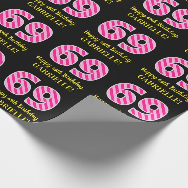 Papier Cadeau Fun Pink Stripes "69"; Joyeux 69e anniversaire; No (Coin)