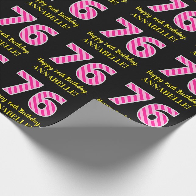 Papier Cadeau Fun Pink Stripes "76"; Joyeux 76e anniversaire; No (Coin)