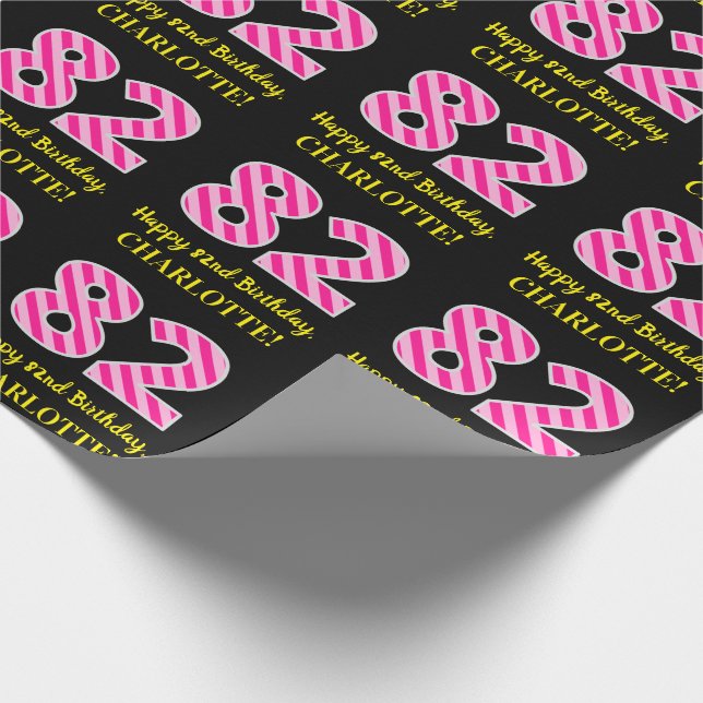 Papier Cadeau Fun Pink Stripes "82"; Joyeux 82e anniversaire; No (Coin)