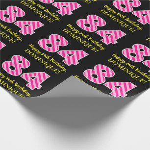 Papier Cadeau Fun Pink Stripes "84"; Joyeux 84e anniversaire; No