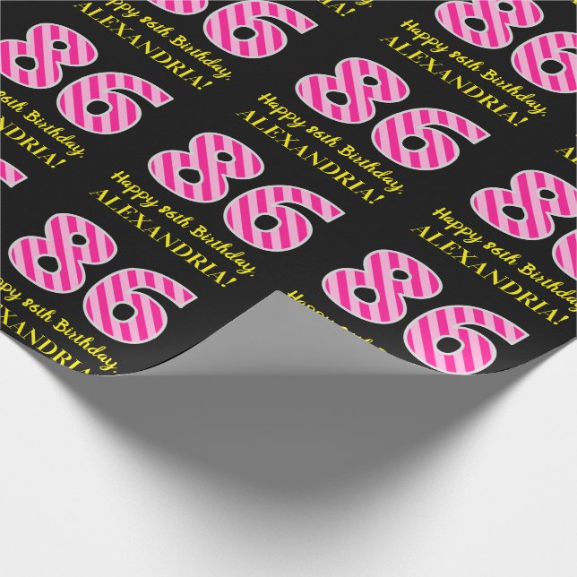 Papier Cadeau Fun Pink Stripes "86"; Joyeux 86e anniversaire; No (Coin)