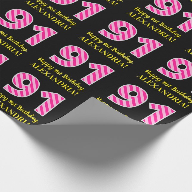 Papier Cadeau Fun Pink Stripes "91"; Joyeux 91ème anniversaire;  (Coin)