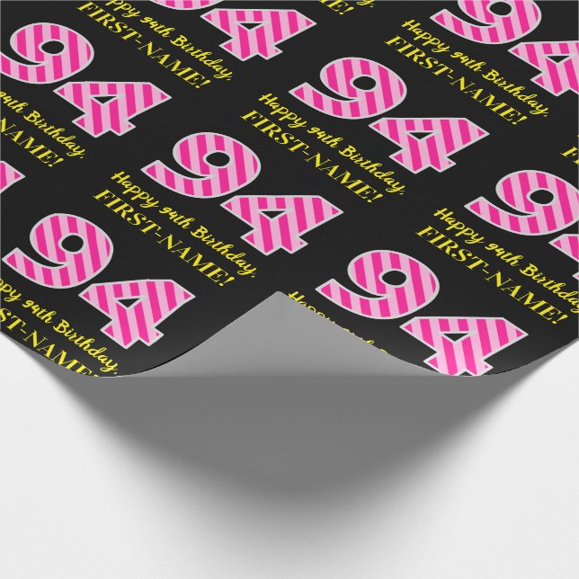 Papier Cadeau Fun Pink Stripes "94"; Joyeux 94ème anniversaire;  (Coin)