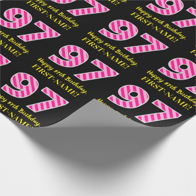 Papier Cadeau Fun Pink Stripes "97"; Joyeux 97ème anniversaire;  (Coin)