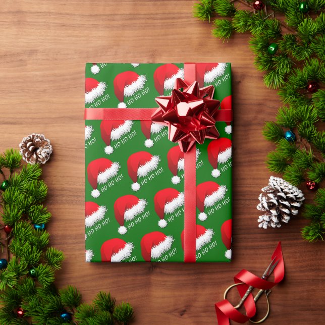 Papier Cadeau Fun Red Santa Claus Casquette HOHOHO Sur Green (Cadeau de vacances)