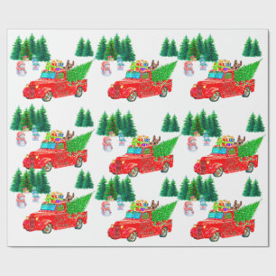 Papier Cadeau Fun Red Truck Snowmen, Chien Noël