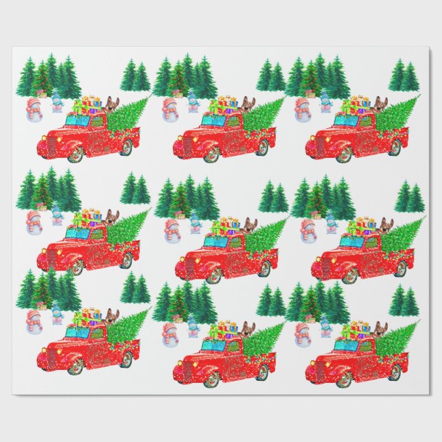 Papier Cadeau Fun Red Truck Snowmen, Chien Noël (Plat)