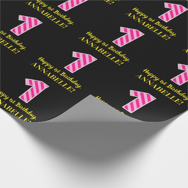 Papier Cadeau Fun Rose Stripes "1"; Joyeux 1er Anniversaire; Nom (Coin)