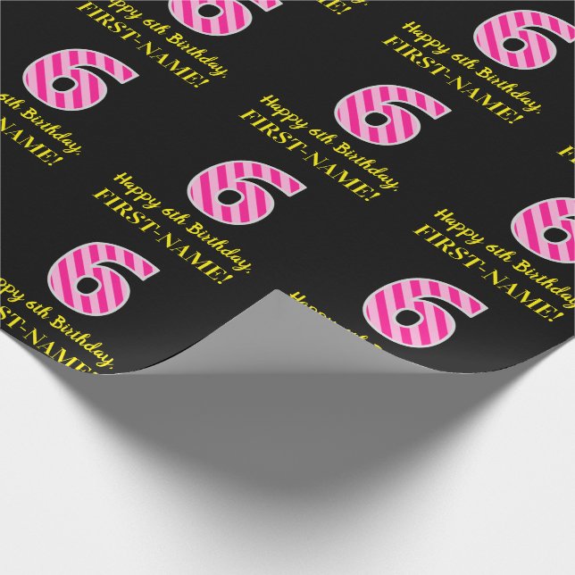 Papier Cadeau Fun Rose Stripes "6"; Joyeux 6e anniversaire; Nom (Coin)