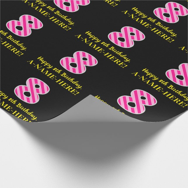 Papier Cadeau Fun Rose Stripes "8"; Joyeux 8ème anniversaire; No (Coin)