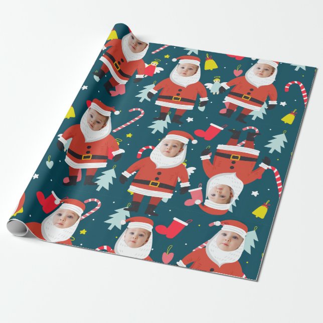 Papier Cadeau Funny Père Noël Joyeux Noël Visage personnalisé (Déroulé)