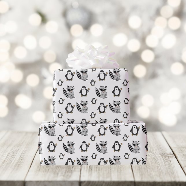Papier Cadeau Funny Raccoon et Motif de pingouin (Créateur téléchargé)