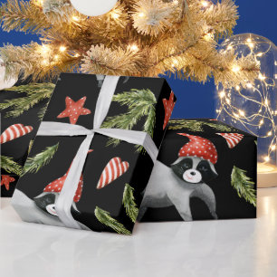 Papier Cadeau Funny Raccoons Noir   Papier d'enveloppement de l'