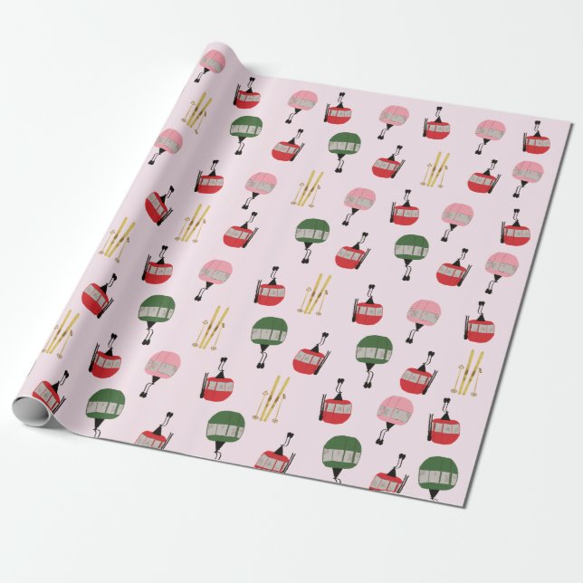 Papier Cadeau Funny Retro Ski Ascenseur Gondola Hiver Ski rose (Déroulé)