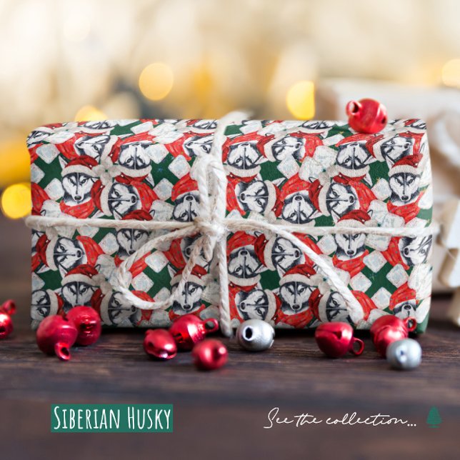 Papier Cadeau Funny Sibérien Husky Motif de Noël (Créateur téléchargé)