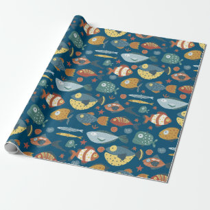 Papier Cadeau Funny Whimsical Ocean Fish Motif Bleu