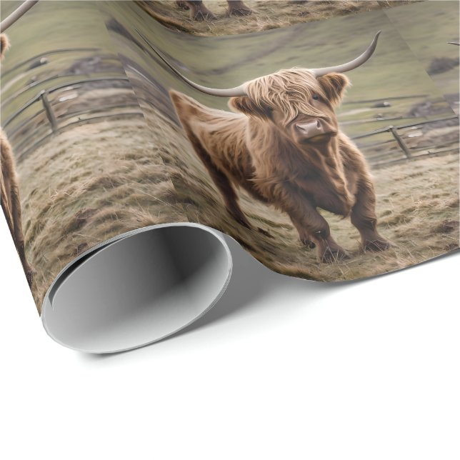 Papier Cadeau **"Furry Majesty : The Woolly Brown Highland Cow"* (Coin rond)