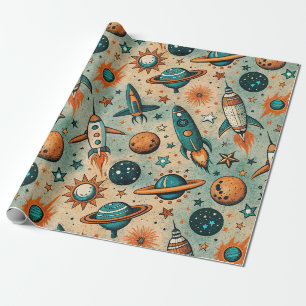 Papier Cadeau Fusées Cosmiques Fantaisistes Étoiles Sarcelle Cor