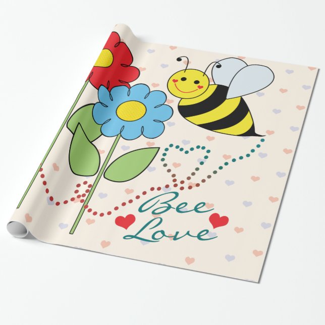Papier Cadeau Gaffez l'abeille avec des feuilles d'amour (Déroulé)